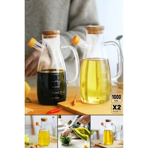 2li Bambu Kapaklı Yağdanlık Borosilikat Cam Yağlık Sirkelik Şişesi Master Vakumlu Sosluk 1000 ml