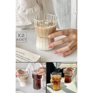 2li  Bardak Kahve Sunum  İskandinav Midi Vintage Burgulu Tarz Isıya Dayanıklı Cam Bardağı 380 ml.