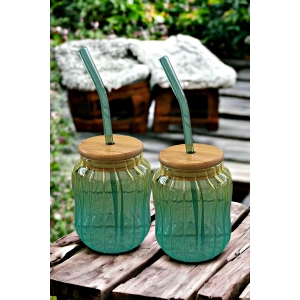 2li Emerald Bambu Kapaklı Pipetli Cam Bardak Isıya Dayanıklı New Still