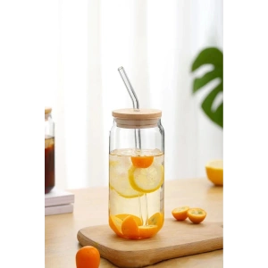 2Li Isıya Dayanıklı Cam Pipetli Bambu Kapaklı Bubble Tea Ve Borosilikat Bardak 550 Ml.