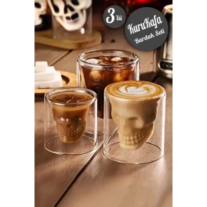 3lü Kuru Kafa Tasarımlı Çift Cidarlı Cam Bardak Kahve Sunum Bar