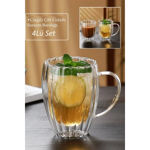 4Lü Burgulu Origami Stil Termisil Cam Bardak Çay Süt Kahve Kupası Sıcak Soğuk Sunum Bardağı 450 ml