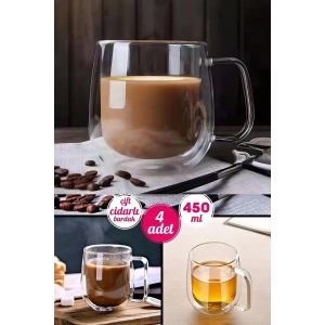 4Lü Çift Cidarlı Cam Kupa Bardak  Fincanı Çift Katlı Isı 450 ml Ev Ofis