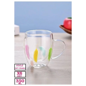 6lı Çift Cidarlı Tüylü Cup 350ml Çiçekli Bardak Kahve Çay Bardağı El Yapımı Kulplu Cam Bardak Seti