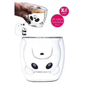 6LI Panda Çift Cidarlı Bardak Süt Çay Kahve Su Bardağı 250ml Isı