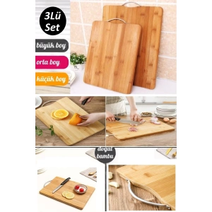 3lü Bambu Kesim Panosu Lüx Üç Boy Çelik Saplı Peynir Servis Sunum Tepsi