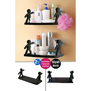 2 Adet Kendinden Yapışkanlı Craft Siyah Banyo Rafı Mutfak Organizer Duvara Monte Raf