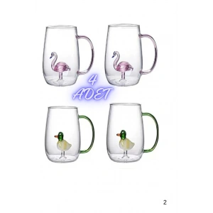 4lü Figürlü Cam Bardak 3D Renkli Kulplu Fincan 350ml Sevimli Karikatürler Bardağı Flamingo ve Ördek