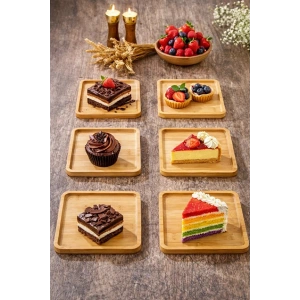 6lı Kare Bambu Gourmet Kahvaltı Tabağı Pasta Servis Sunum Tepsi İkramlık Ahşap Tabak