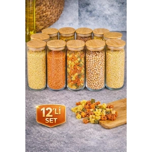 12li  Kavanoz Vakumlu Bambu Kapaklı Cam Kavanoz  Baharatlık Bakliyat Gıda Saklama Kabı Organizer
