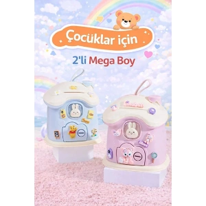 2 Adet Kumbara Mega Boy Sevimli Kawai Tarz Mavi Pembe Renk Ev Baca Kumbara Kilitli Kumbarası Sticker Hediye