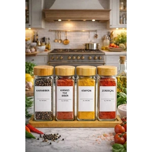 4’lü Baharatlık Set Stantlı Bambu Kapaklı Etiketli Cam Kare Formlu Baharatlık Takımı Serpme Başlıklı