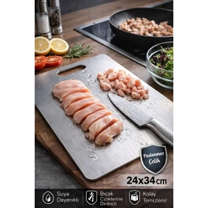 Çelik Paslanmaz  Metal Tezgah Koruyucu Kesme Çelik Tahtası Hamur Açma Tezgahı 23X34 Cm