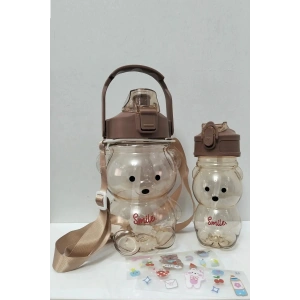 2li Ayıcık Şeffaf Smile Su Matarası 1000+400ml Çocuk Su Şişesi Pipetli Sızdırmaz Kapaklı Suluk Seti