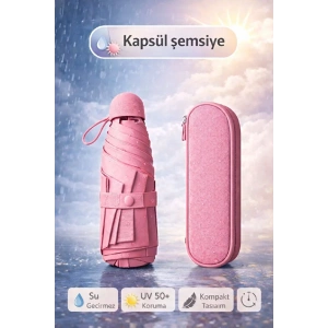 Kapsül Şemsiye Otomatik Aç Kapa Rüzgara Dayanıklı Taşıma Kılıflı Mini Çanta Boy Şemsiye-Pembe