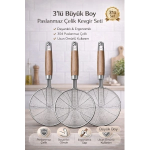 3’lü Kevgir Büyük Boy Paslanmaz Çelik Tel Kevgir Seti Ergonomik Saplı Dayanıklı Mutfak Derin Kevgir