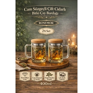 2li Borosilikat Çift Kat Bitki Çay Bardağı 400 lm Cam Süzgeçli Bambu Kapaklı Kupa Kulplu Demlik Modeli