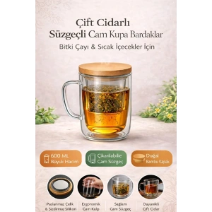 1 adet Süzgeçli Cam Kupa Bardak 400ml Çift katmanlı Isı Yalıtımlı Bambu Kapaklı Bitki Çayı Fincanı seti