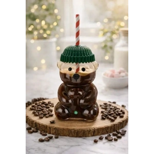 4lü Ayıcık Tasarım Cam Pipetli Soğuk İçecek Kahve Bardağı Yeşil Şapkalı Bear Bardak 550ml Barista