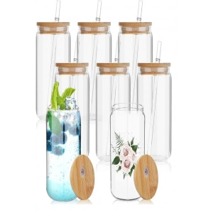 8li Bambu Kapaklı Pipetli Cam Bardak Isıya Dayanıklı Borosilikat Kola Şekilli Kahve Sunum Bardağı