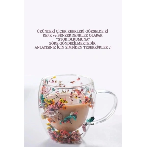 Çift Cidarlı Çiçekli Bardak Kahve Çay 250ml  Bardağı El Yapımı Kulplu Borosilikat Cam Bardağı