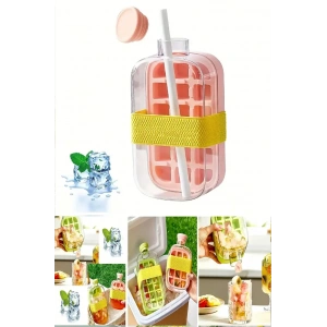 Yeni Nesil Buz Kalıbı Basmalı Pipetli Su Şişesi 18 Bölmeli Hazneli Buz Küpü 800 Ml-Pebme
