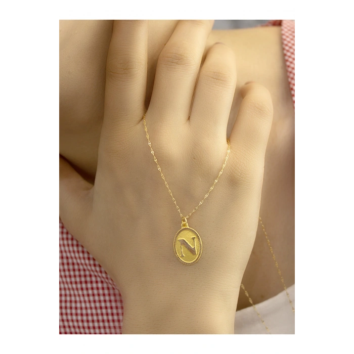 14 Ayar Altın Oval N Harfli Kolye