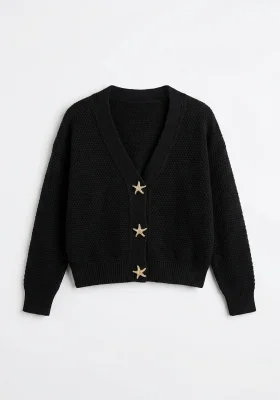 Kadın Gold Deniz Yıldızı Düğmeli Yumuşak Triko Hırka Siyah
