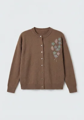 Kadın Kahverengi Nakış İşlemeli Boncuklu Triko Hırka