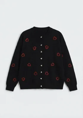 Kadın Kalp Nakışlı Şık Düğmeli Triko Hırka Siyah