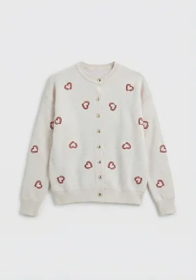 Kadın Kalp Nakışlı Şık Düğmeli Triko Hırka Ekru