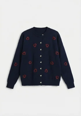 Kadın Kalp Nakışlı Şık Düğmeli Triko Hırka Lacivert