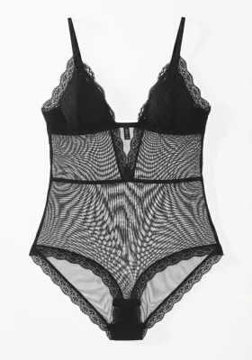 Siyah Çıtçıtlı Dantel Transparan Sırt İpli Bodysuit
