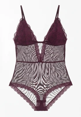 Mürdüm Çıtçıtlı Dantel Transparan Sırt İpli Bodysuit