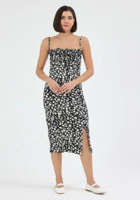 Kadın Siyah Çiçekli Kadın Yırtmaçlı Elbise