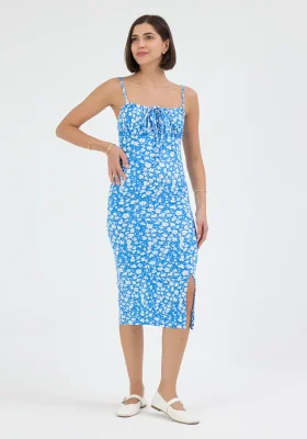 Kadın Mavi Çiçekli Kadın Yırtmaçlı Elbise