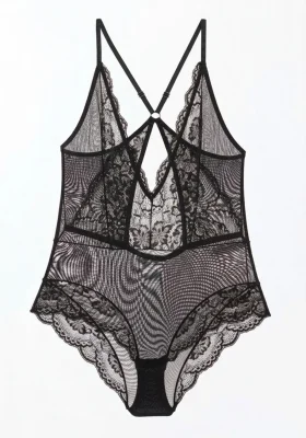 Siyah Çıtçıtlı Dantel Transparan Sırt İpli Bodysuit