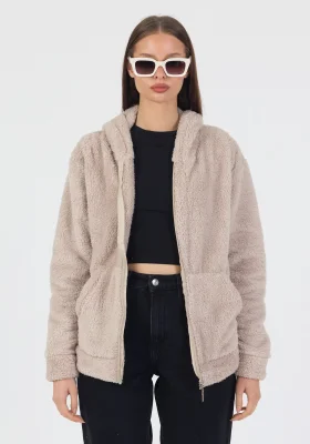 Kadın Kapüşonlu Fermuarlı Welsoft Yumuşak Kumaş Krem Peluş Polar