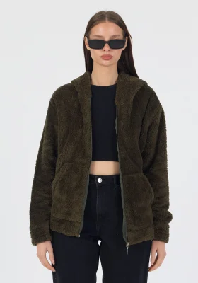 Kadın Kapüşonlu Fermuarlı Welsoft Yumuşak Kumaş Yeşil Peluş Polar