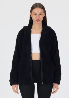 Kadın Kapüşonlu Fermuarlı Welsoft Yumuşak Kumaş Siyah Peluş Polar