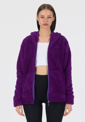 Kadın Kapüşonlu Fermuarlı Welsoft Yumuşak Kumaş Mor Peluş Polar