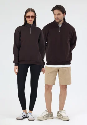 Unisex Balıkçı Yaka 3 İplik İçi Polarlı Şardonlu Oversize Kahve Sweatshirt