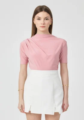 Kadın Pembe Omuzları Drapeli Kolsuz Sandy Bluz