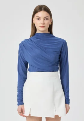 Kadın Büzgü Detaylı Uzun Kol Sandy Mavi Bluz