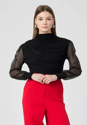 Kadın Büzgü ve Kolları Tül Detaylı Sandy Siyah Bluz