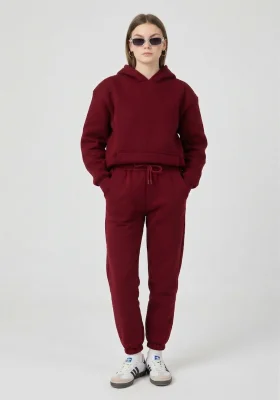 Kadın 3 İplik Lastikli Kapüşonlu Eşofman Takımı Bordo