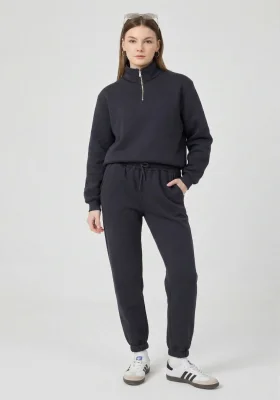 Kadın 3 İplik Lastikli Fermuar Dik Yaka Füme Eşofman Takımı