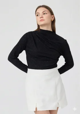 Kadın Büzgü Detaylı Uzun Kol Sandy Simli Siyah Bluz