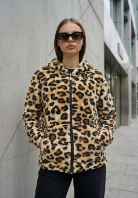 Kadın Kapüşonlu Fermuarlı Welsoft Yumuşak Kumaş Leopar Desenli Peluş Polar