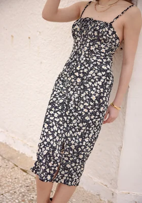 Kadın Siyah Çiçekli Kadın Yırtmaçlı Elbise